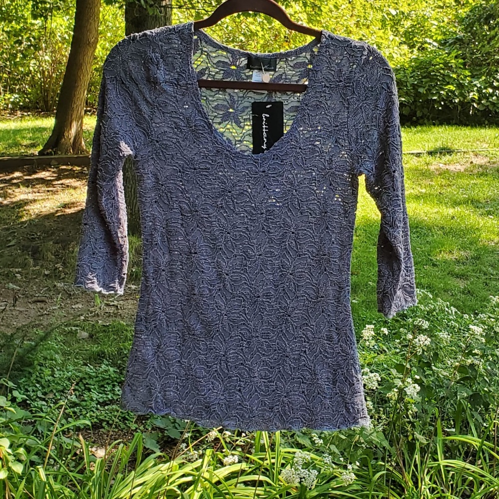 Brittany Black WT Grey Lace Top Size S 3/4 Sleeve